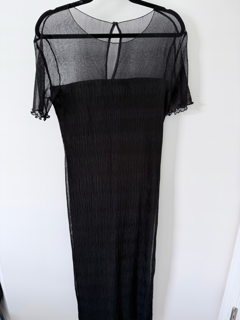 French Connection Black Mesh Maxi Dress with Short Sleeves